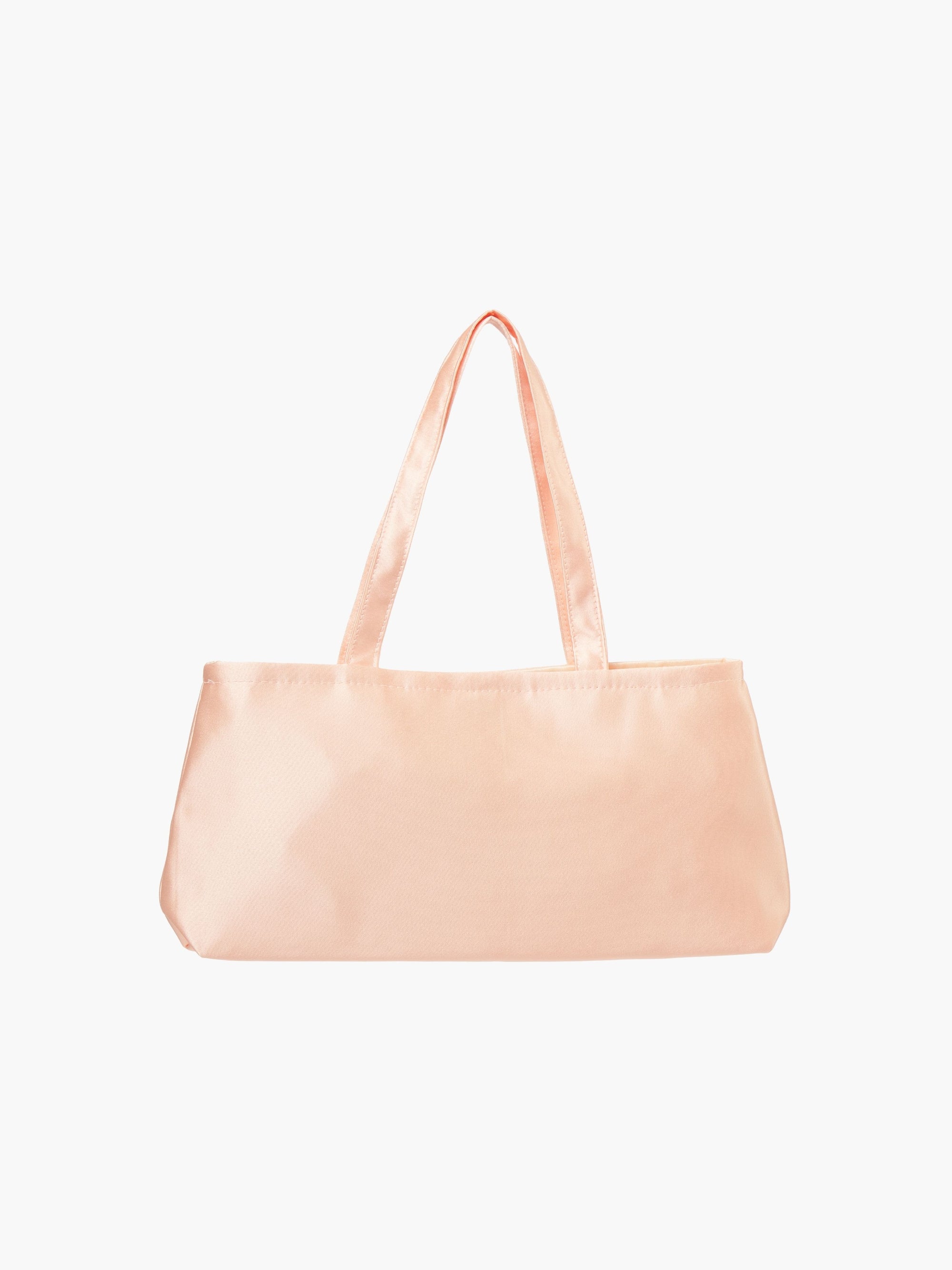 A peach satin mini baguette handbag with two handles.