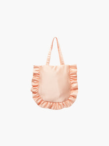 A peach satin tote bag with ruffled edges on the sides and bottom. It features matching handles, set against a plain white background.