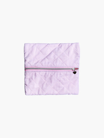 A quilted pink cotton zipper pouch, the zip has a heart charm on it. Set on a white background.
