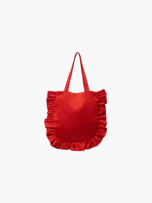 A red satin tote bag with ruffled edges on the sides and bottom. It features matching handles, set against a plain white background.