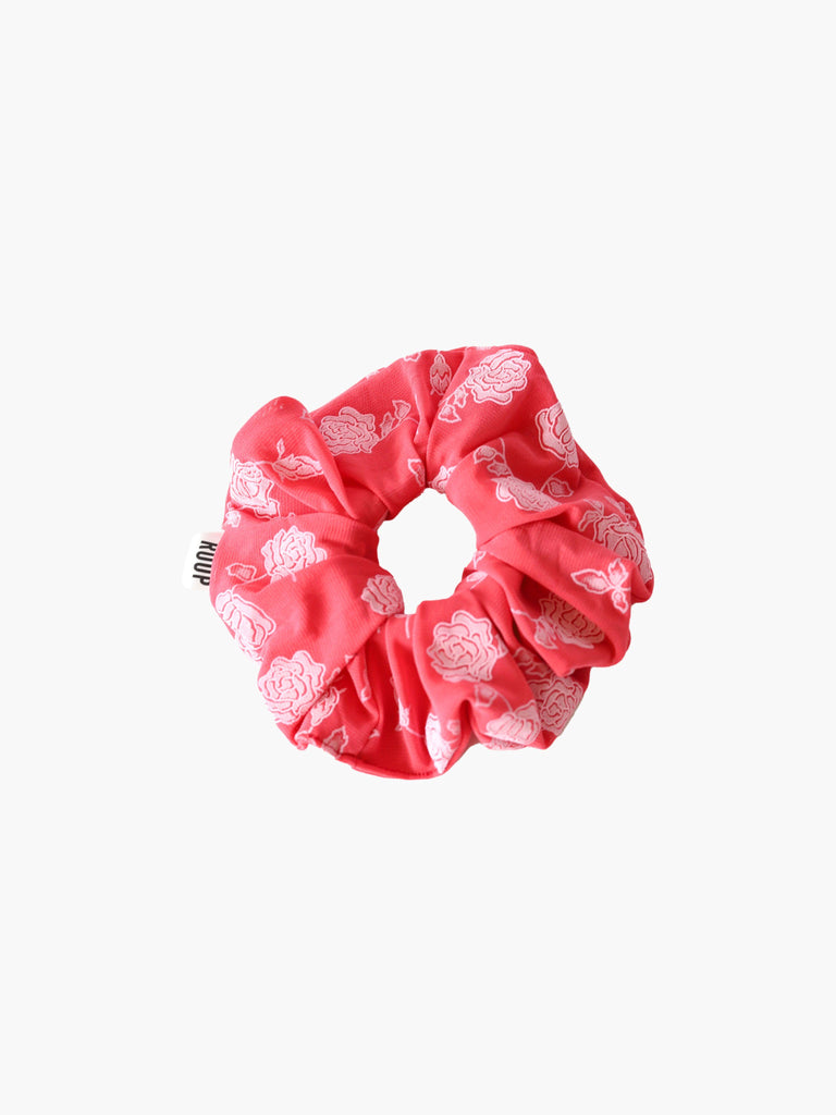 Red rose print mesh scrunchie on a white background