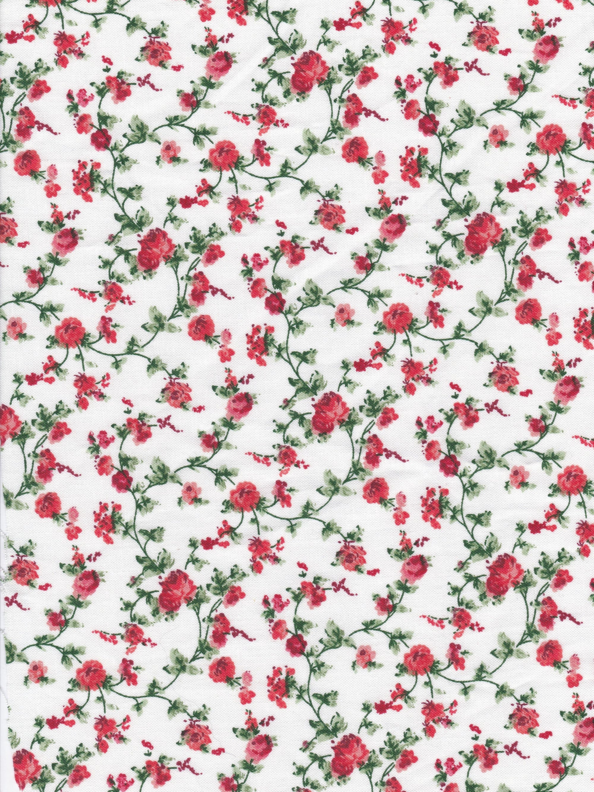 Floral pattern with red flowers and green leaves on a white background
