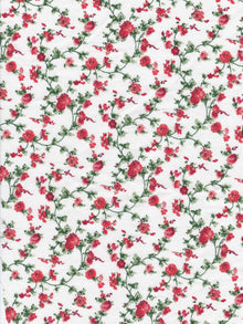 Floral pattern with red flowers and green leaves on a white background