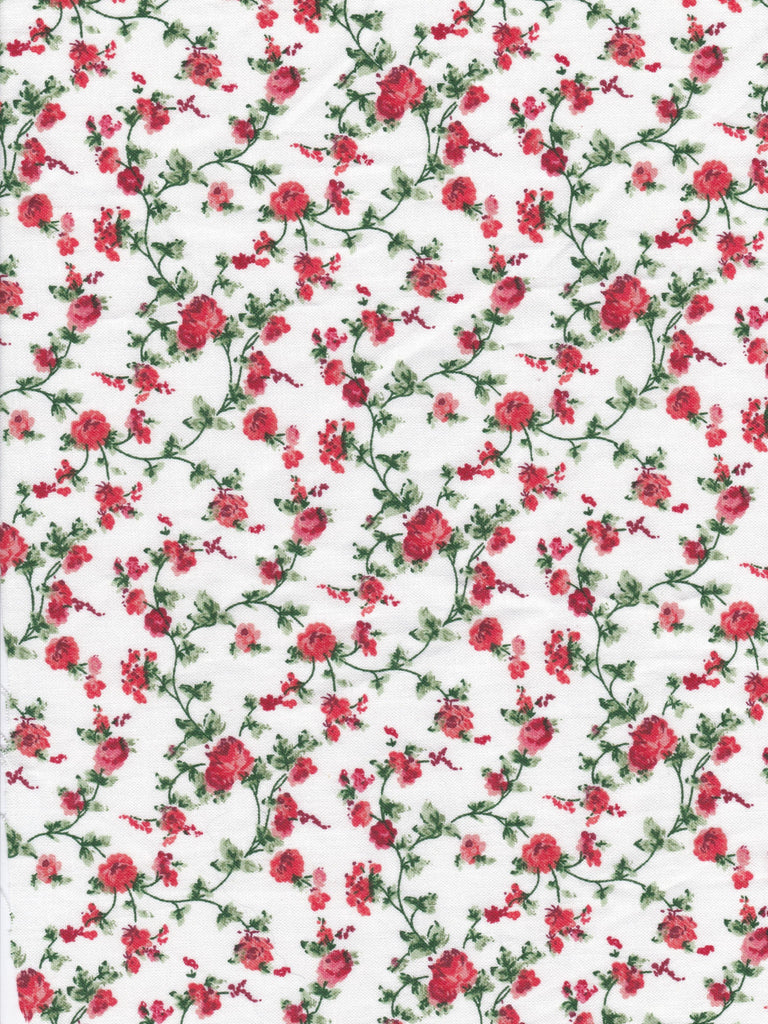 Floral pattern with red flowers and green leaves on a white background