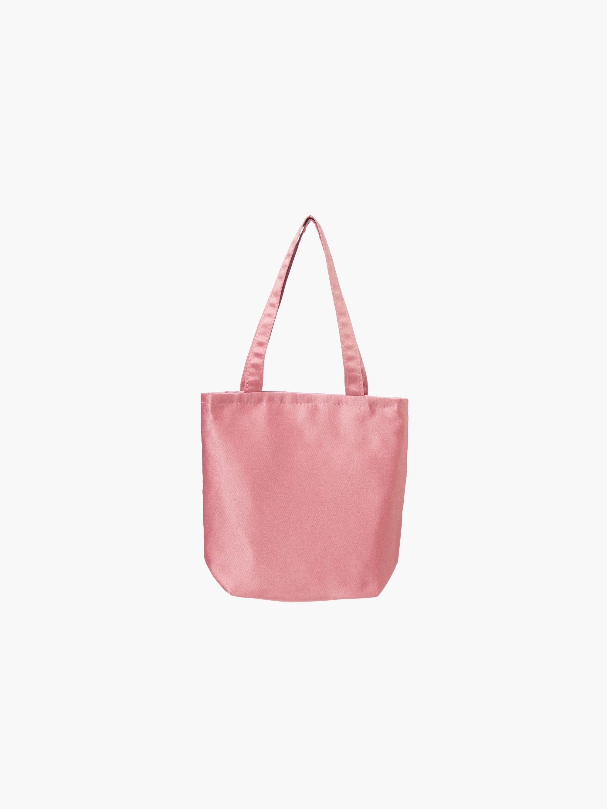 A rose pink satin tote bag. It features matching handles, set against a plain white background.