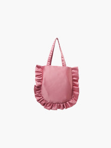 A rose pink satin tote bag with ruffled edges on the sides and bottom. It features matching handles, set against a plain white background.