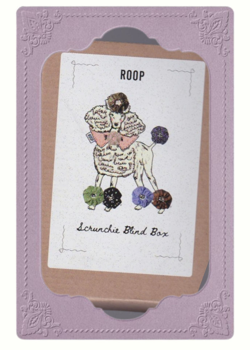 Brown box packaging with a label featuring an illustration of a poodle and text that reads 'scrunchie blind box'. Image is inside a decorative purple frame