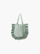 A sea green satin tote bag with ruffled edges on the sides and bottom. It features matching handles, set against a plain white background.