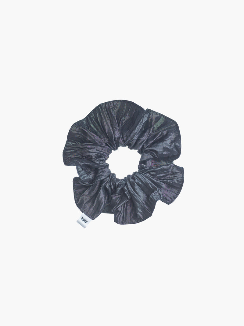 Slate grey crinkle taffeta scrunchie on a white background