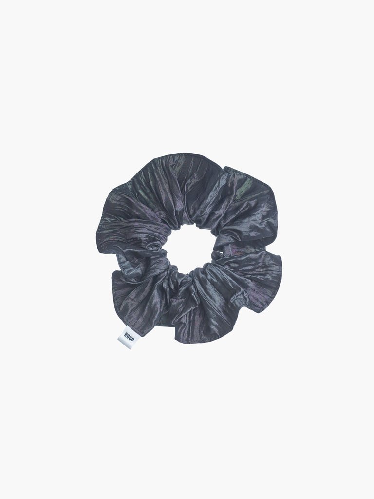 Slate grey crinkle taffeta scrunchie on a white background