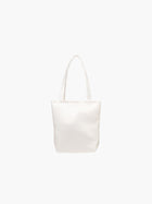 A white satin tote bag. It features matching handles, set against a plain white background.