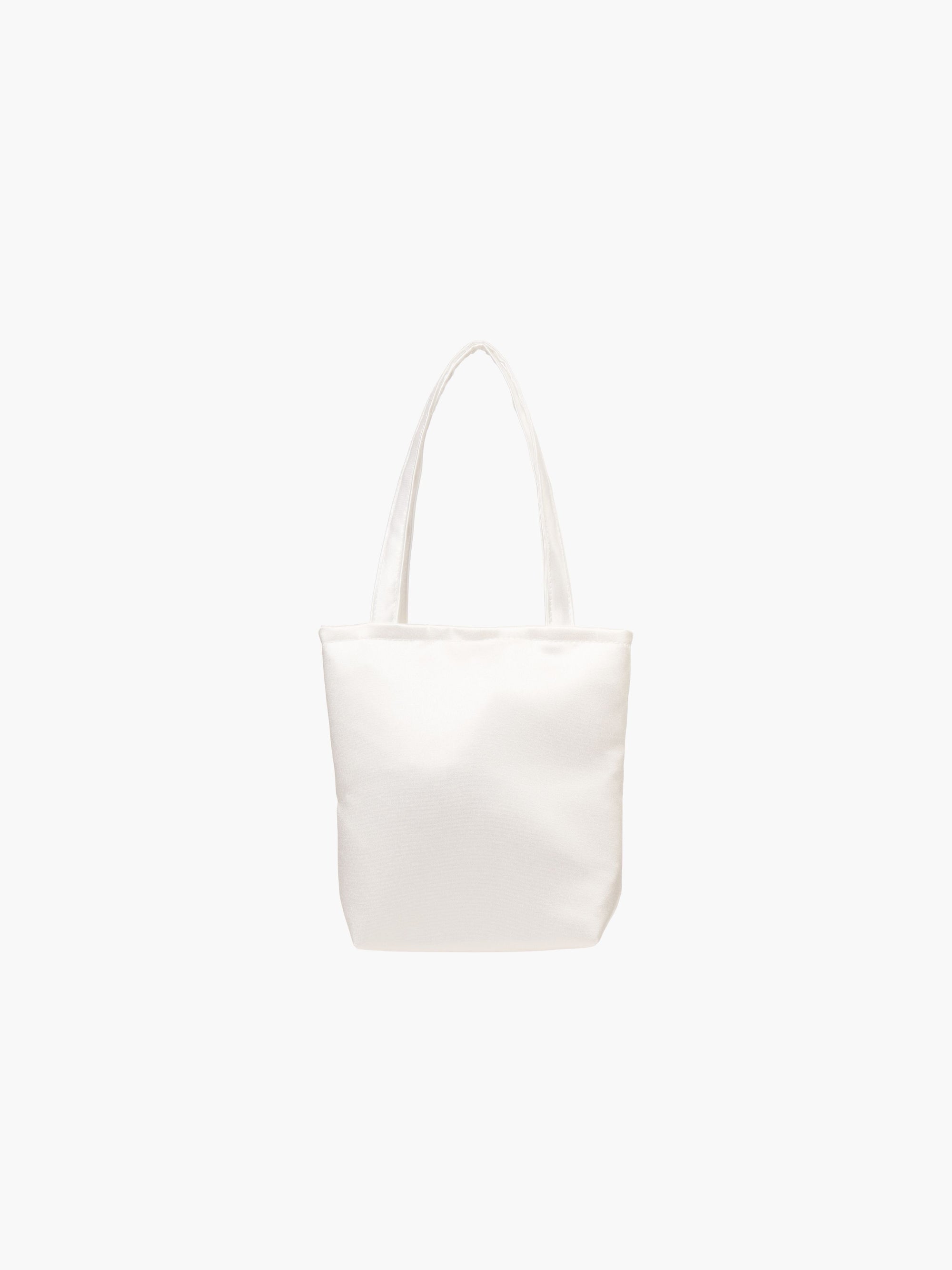 A white satin tote bag. It features matching handles, set against a plain white background.