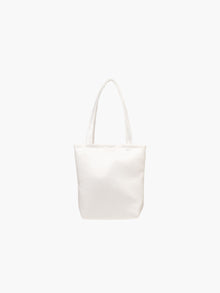 A white satin tote bag. It features matching handles, set against a plain white background.