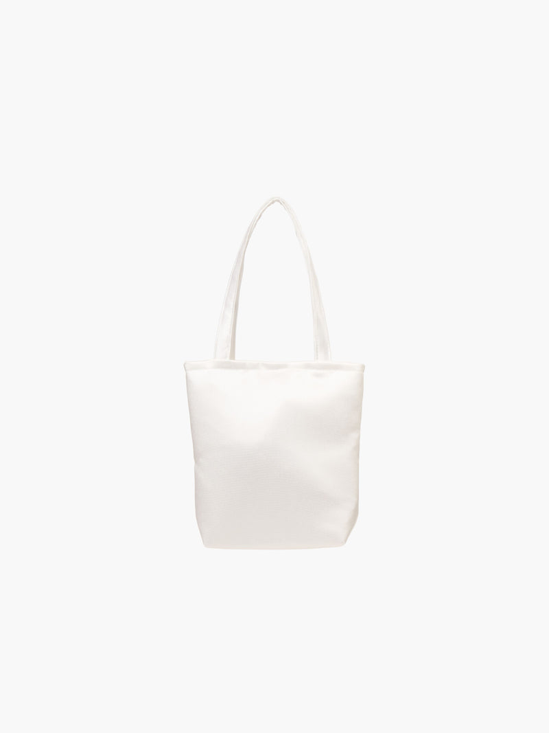 A white satin tote bag. It features matching handles, set against a plain white background.