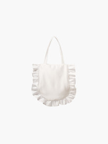 A white satin tote bag with ruffled edges on the sides and bottom. It features matching handles, set against a plain white background.