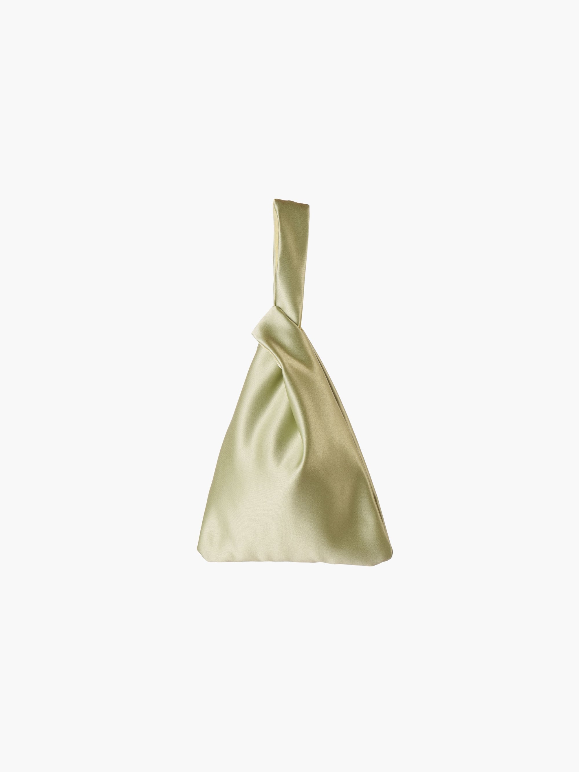 Willow green satin knot bag against a plain white background. The elegant bag has a twisted handle and sleek, glossy fabric, exuding a chic, minimalist style.