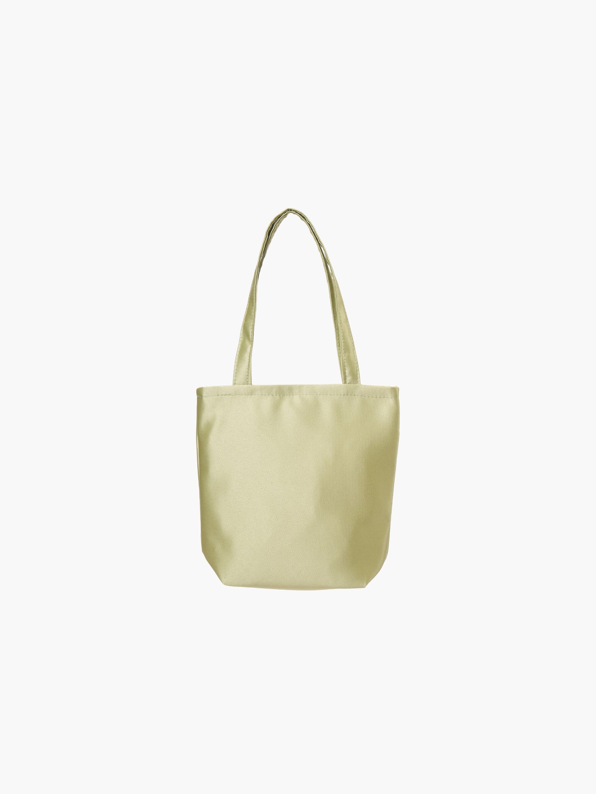 A green satin tote bag with. It features matching handles, set against a plain white background.