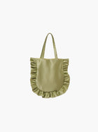 A green satin tote bag with ruffled edges on the sides and bottom. It features matching handles, set against a plain white background.