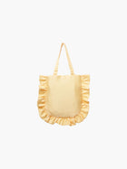 A yellow satin tote bag with ruffled edges on the sides and bottom. It features matching handles, set against a plain white background.