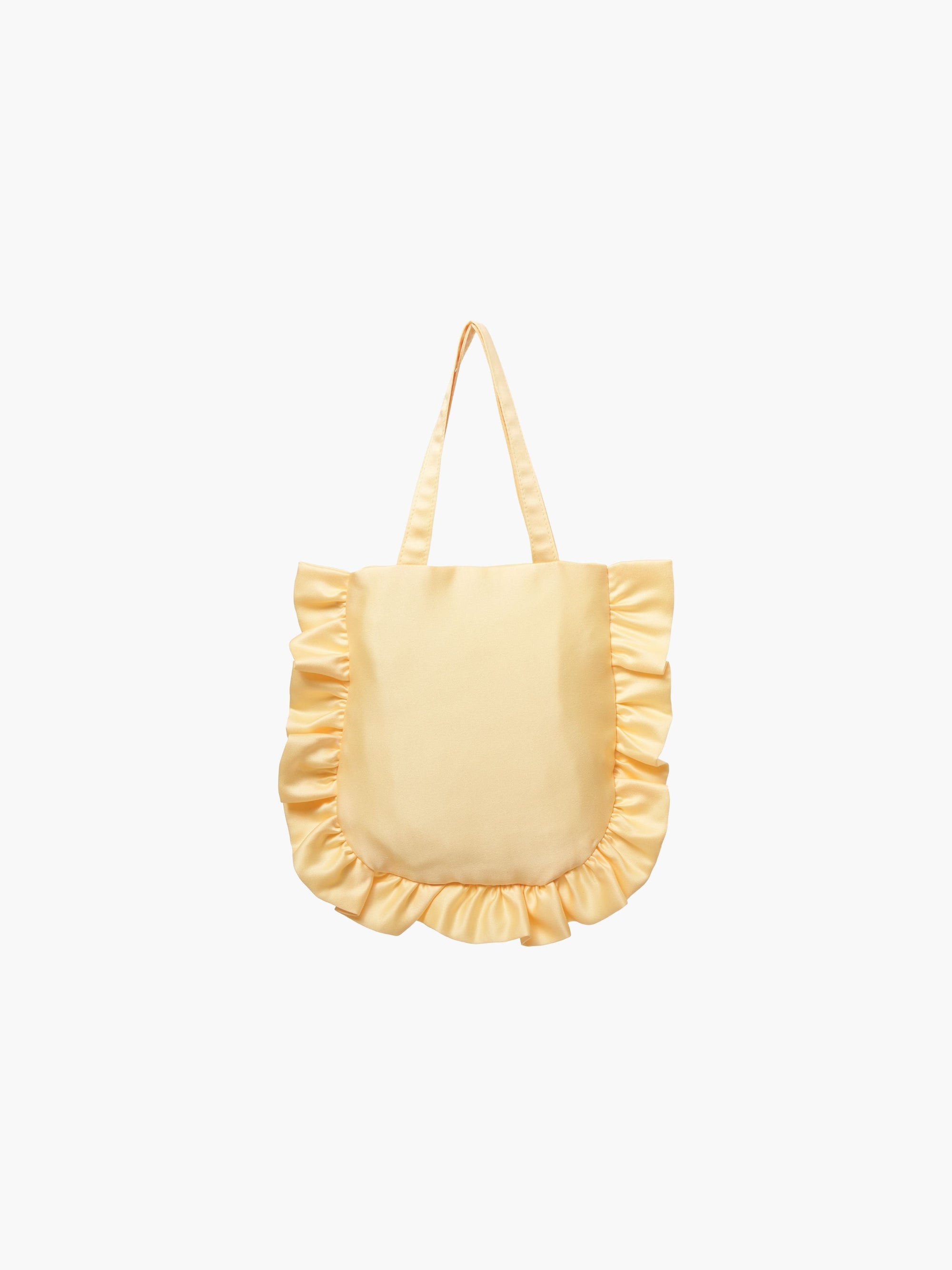 A yellow satin tote bag with ruffled edges on the sides and bottom. It features matching handles, set against a plain white background.