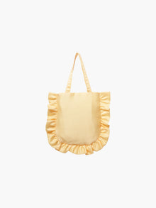 A yellow satin tote bag with ruffled edges on the sides and bottom. It features matching handles, set against a plain white background.